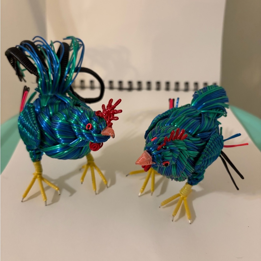 Vintage 70’s Blue Green Plastic Wire Rooster and Hen Sculptures